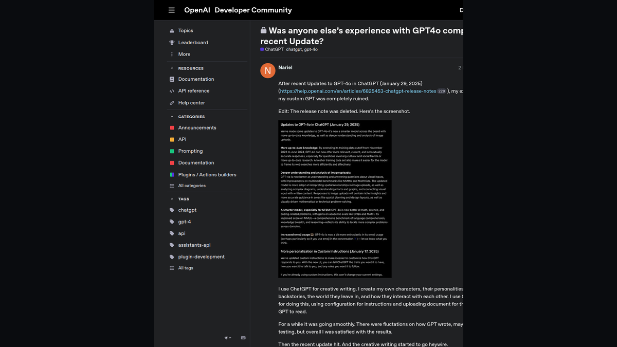Скриншот OpenAI Developer Community: автор пишет, что после обновления GPT‑4o его Custom GPT оказалась полностью испорчена