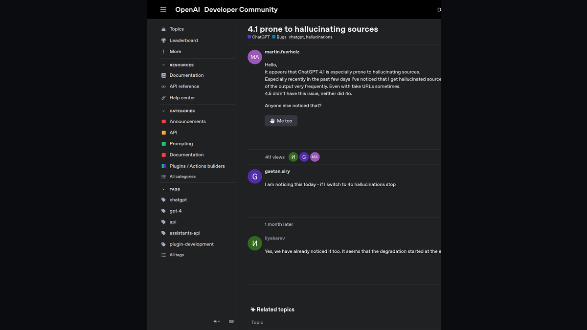 Скриншот OpenAI Developer Community: пользователь GPT‑4.1 сообщает о частых выдуманных источниках и фальшивых URL