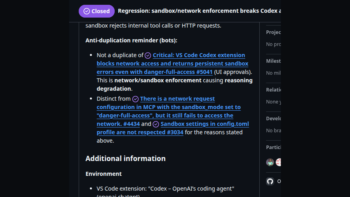 Скриншот GitHub issue openai/codex 5090: runtime продолжал блокировать операции при заявленном полном доступе и включённой сети