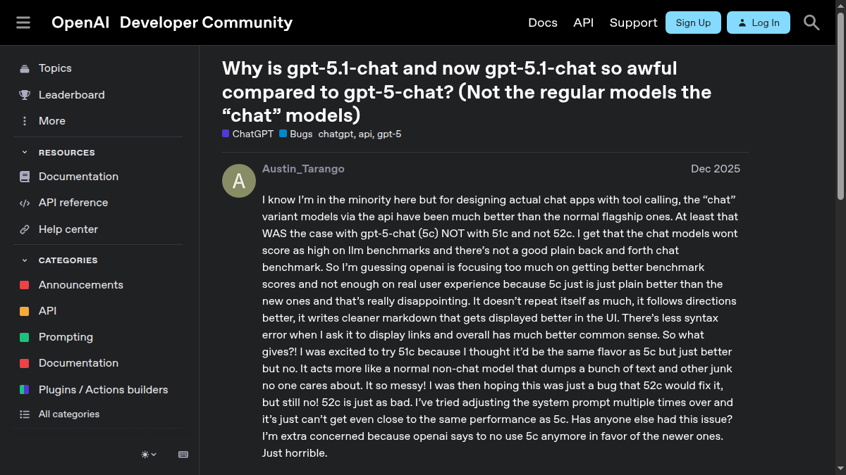 Скриншот OpenAI Developer Community от 12 декабря 2025 года: автор считает chat-варианты GPT‑5.1 и GPT‑5.2 хуже GPT‑5-chat в следовании инструкциям и качестве ответов
