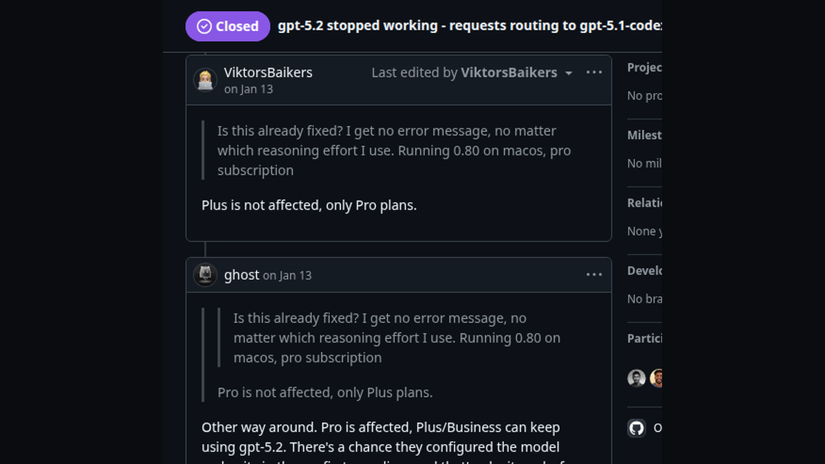 Скриншот GitHub issue openai/codex 9039: в конфигурации выбрана GPT‑5.2, а сообщение об ошибке называет GPT‑5.1‑Codex‑Max