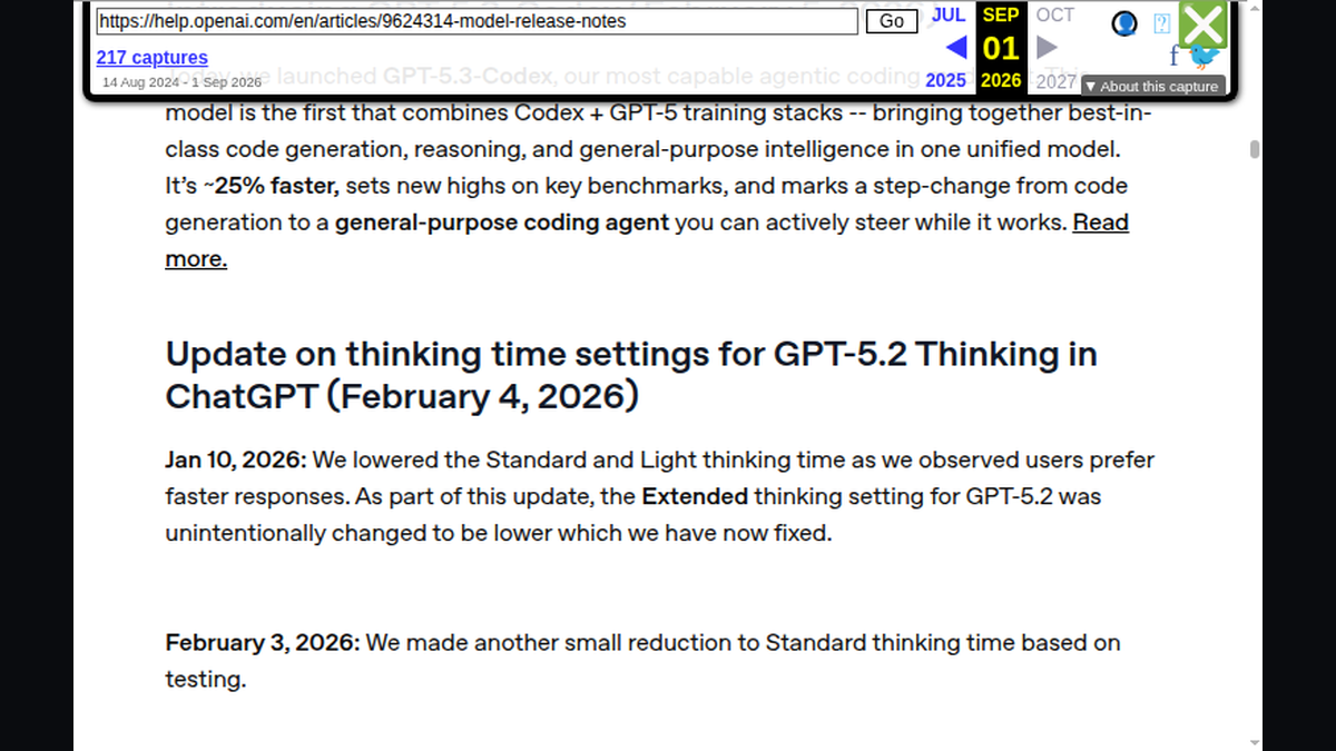 Архивный скриншот Model Release Notes OpenAI: Standard и Light thinking time уменьшили, а Extended непреднамеренно снизили и затем восстановили