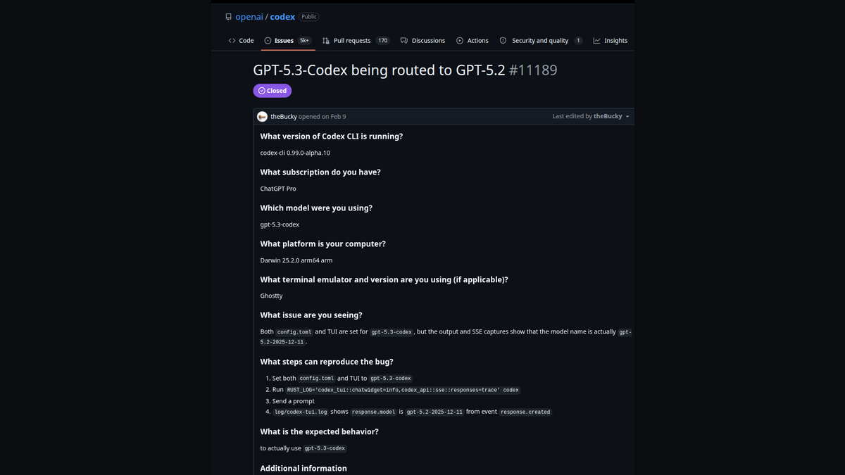 Скриншот GitHub issue openai/codex 11189: интерфейс и конфигурация показывают GPT‑5.3‑Codex, а SSE — GPT‑5.2