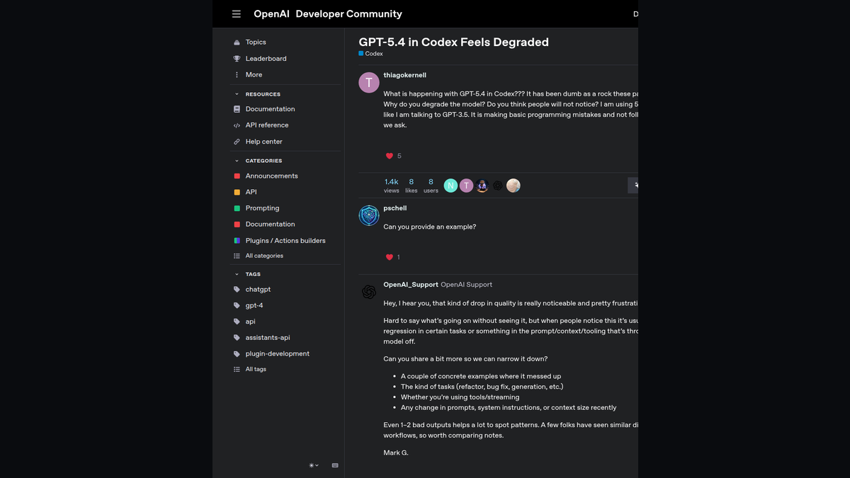 Скриншот OpenAI Developer Community: пользователь GPT‑5.4 сообщает о базовых ошибках и потере инструкций в последние недели