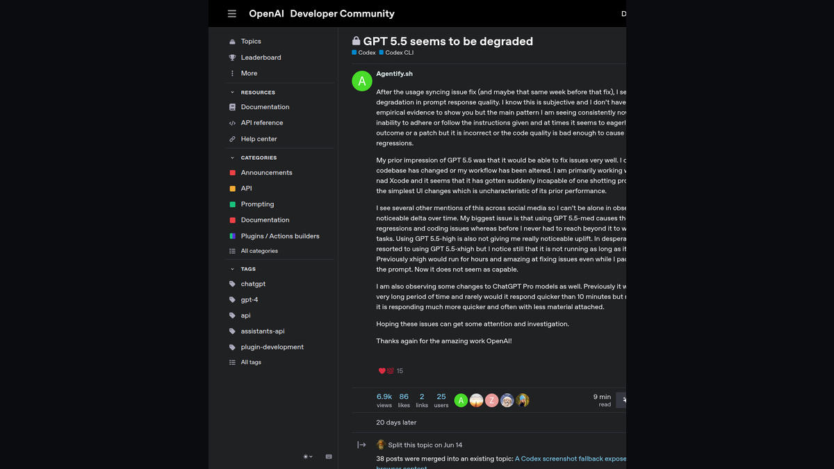 Скриншот OpenAI Developer Community: при прежних кодовой базе и workflow GPT‑5.5 стала хуже соблюдать инструкции и преждевременно объявлять патч готовым