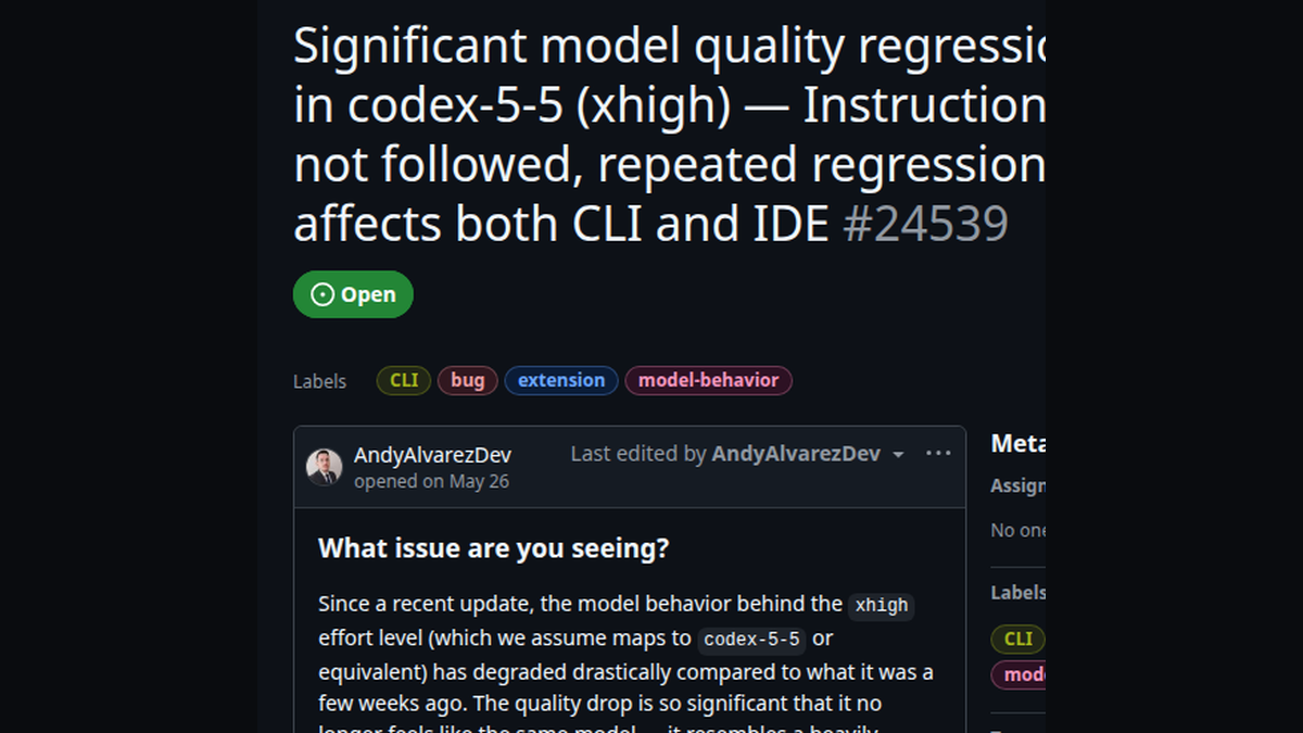 Скриншот GitHub issue openai/codex 24539: автор фиксирует потерю инструкций AGENTS.md и возврат уже исправленных ошибок в CLI и IDE