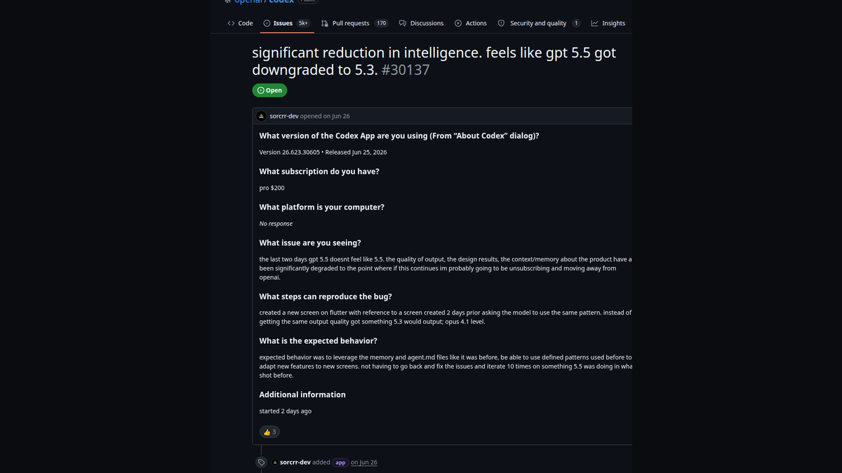 Скриншот GitHub issue openai/codex 30137: автор сообщает о деградации качества, дизайна и памяти GPT‑5.5 на близкой повторной Flutter-задаче