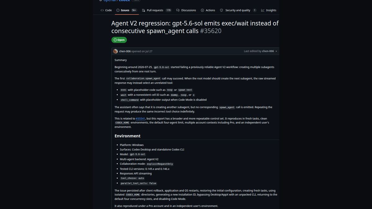 Скриншот GitHub issue openai/codex 35620: прежде надёжная цепочка последовательных subagents стала выбирать exec и wait вместо следующего spawn