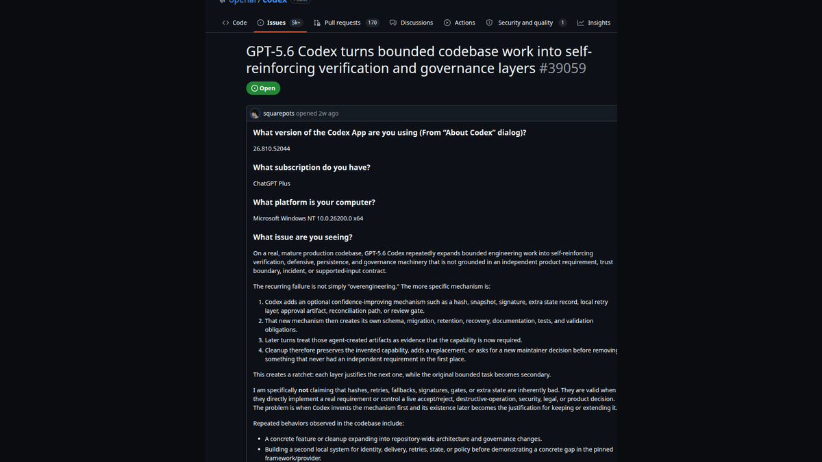 Скриншот GitHub issue openai/codex 39059: ограниченная задача разрастается в самоподдерживающуюся систему проверок и governance